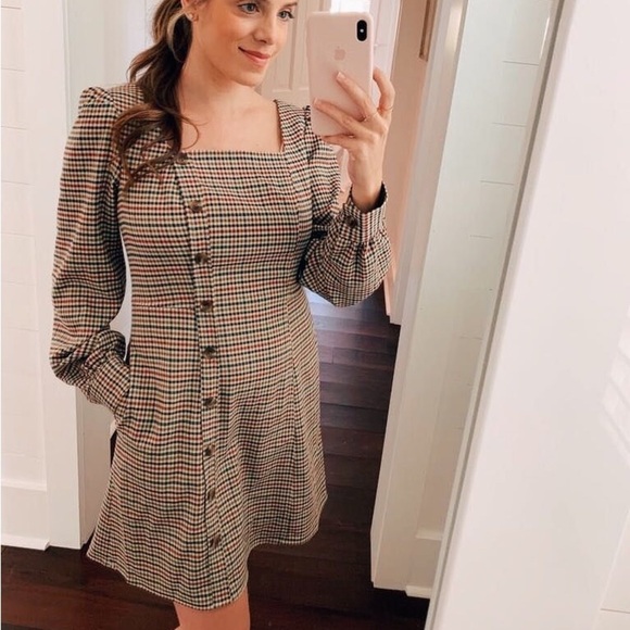 Gal meets glam Brooke dress brown plaid button square neck - Picture 3 of 9